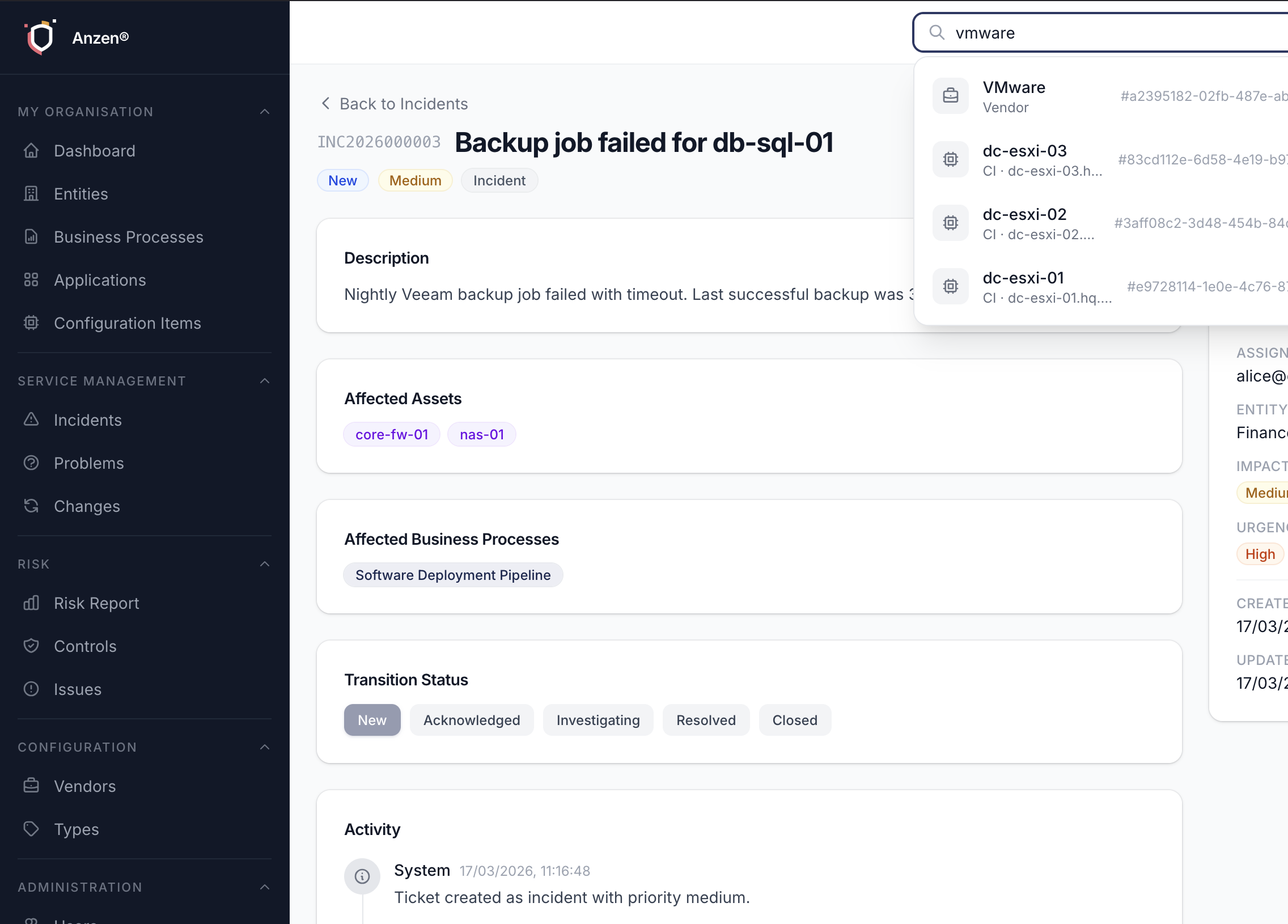 Issue detail view with global search showing vendor and CI results across the platform